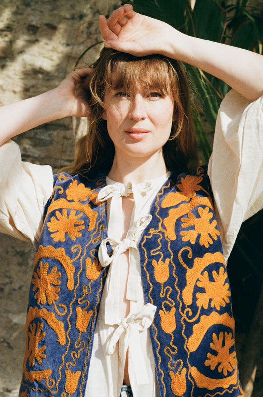 Folk Embroidered Waistcoat - Iris Blue