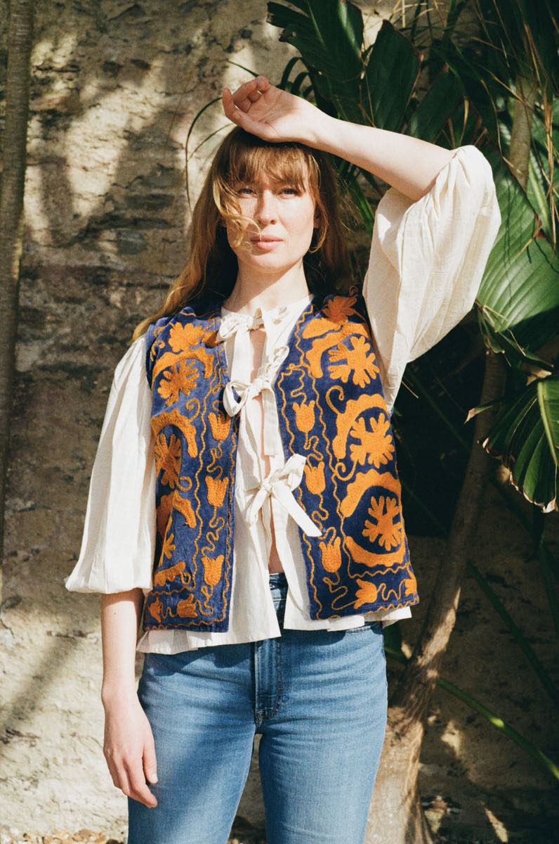 Folk Embroidered Waistcoat - Iris Blue