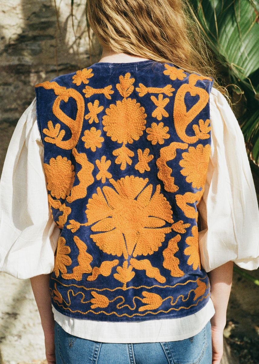 Folk Embroidered Waistcoat - Iris Blue