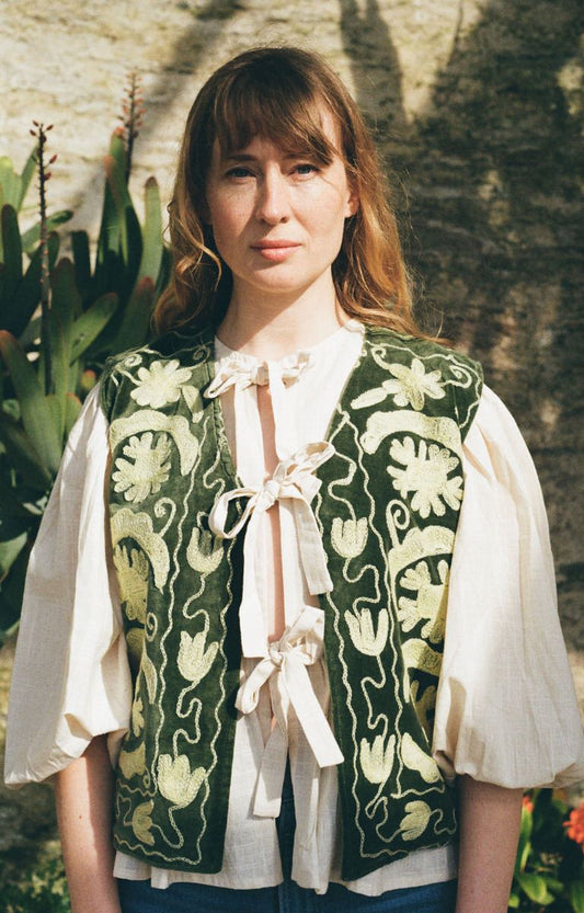 Folk Embroidered Waistcoat - Fern Green